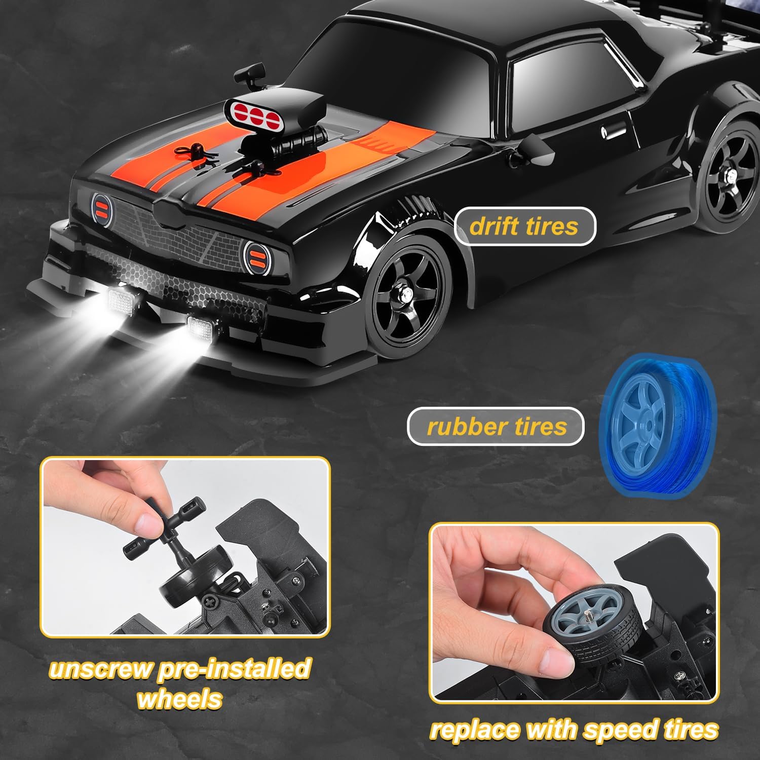 Fistone RC Drift Car 2.4GHz 1:16 Scale 4WD 18KM/H High Speed Remote Control Car with LED Lights, 2 Batteries and Rubber Tire