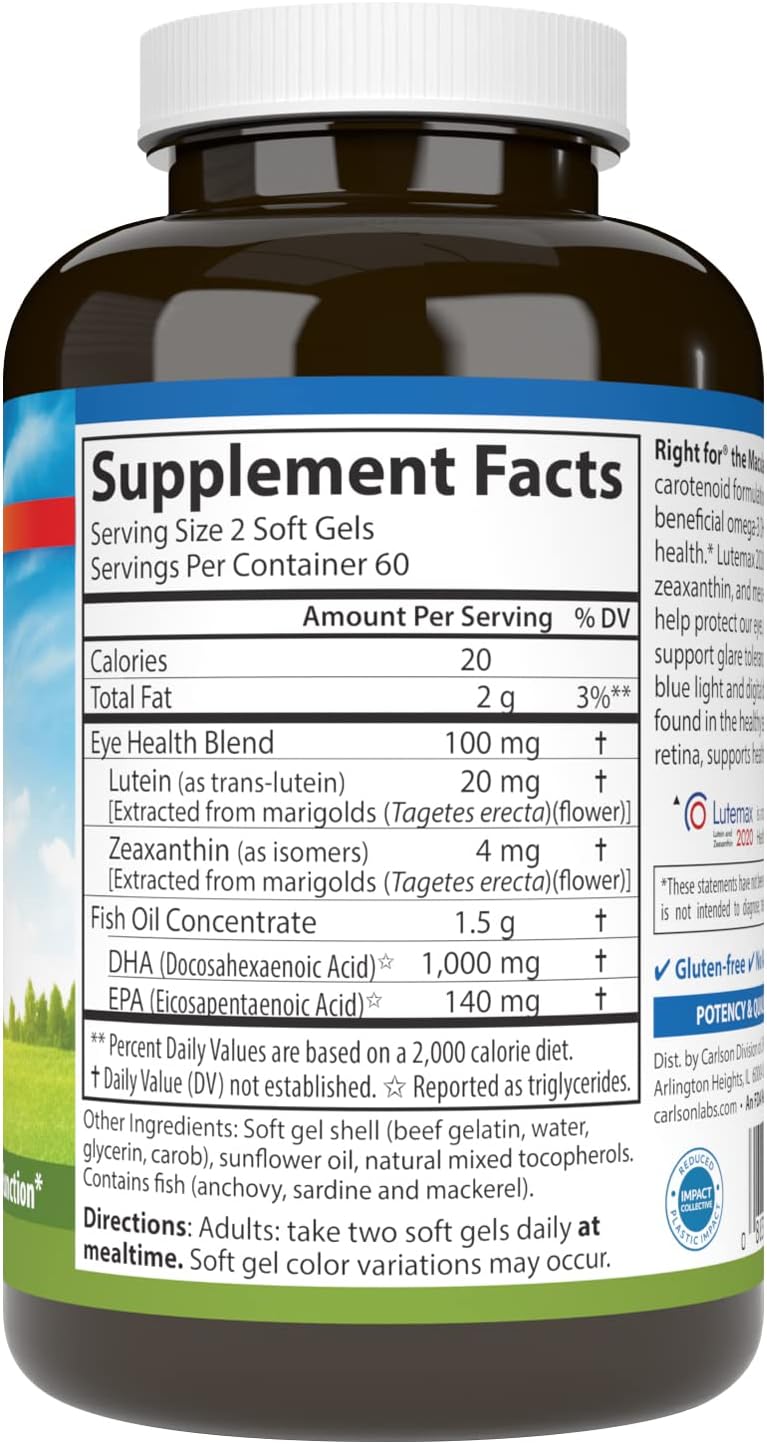 Carlson Right for The Macula, Made with Lutemax 2020, 120 Softgels | Clinically Proven to Support Vision Health, Macular Health, Blue Light Protection