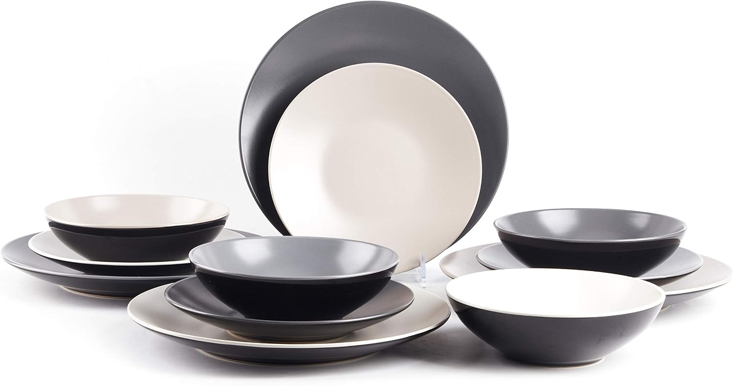 Stoneware Two-Tone Colors Life 16pc Dinner Set，Outside Shiny Black + Inside Matte Glaze Olive