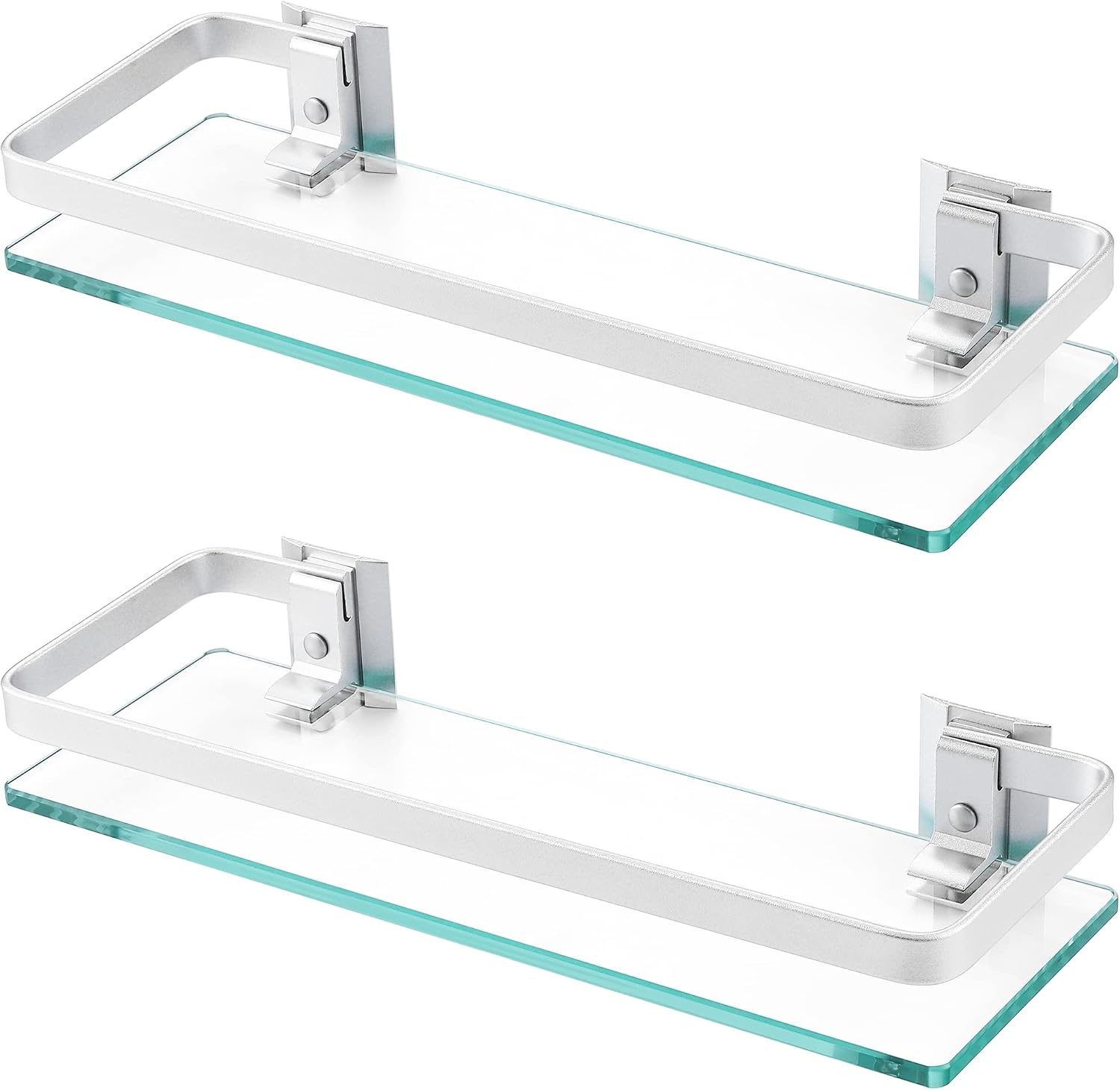 KES Glass Shelves for Bathroom, Floating Tempered Glass Shelves 14 Inch | Aluminum Extra Thick 2 Pack Rectangular Storage Organizer Wall Mount Silver
