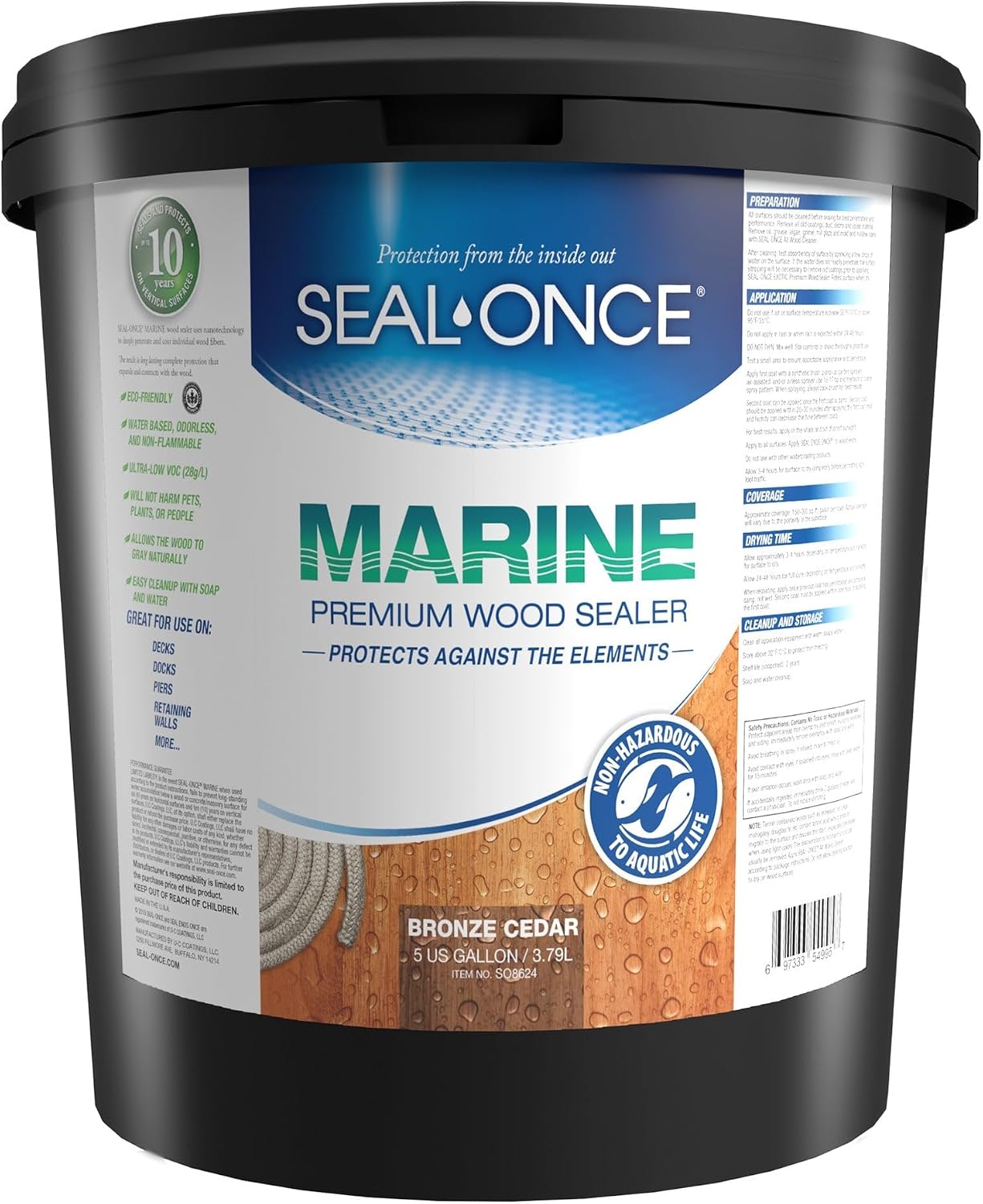 SEAL-ONCE Marine Penetrating Wood Sealer and Waterproofer, Clear, 1 Gallon | Waterproofer & Stain, Water-Based, Ultra-low VOC formula, For high-moisture areas