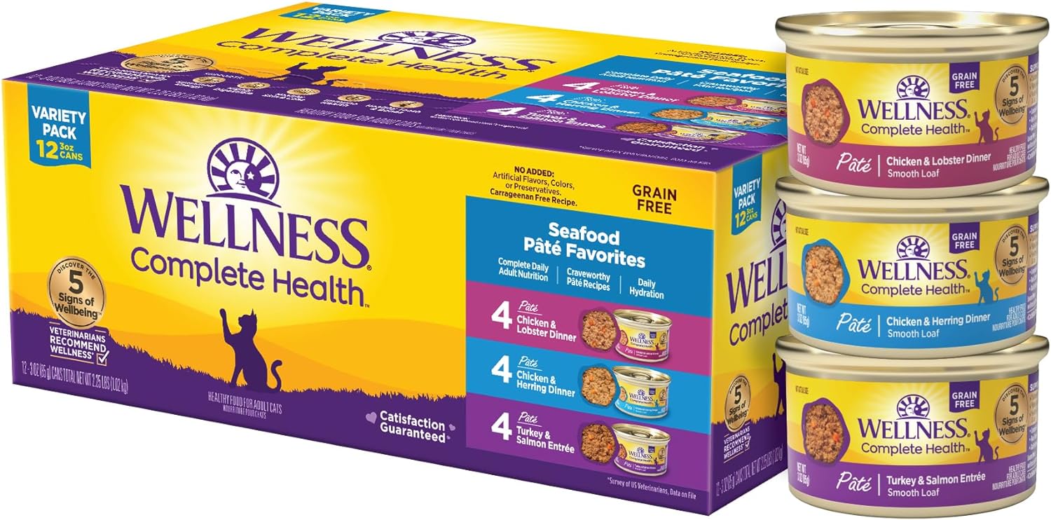 Wellness Complete Health Pate Variety Pack Adult Canned Wet Cat Food, Natural, Protein Rich, Grain Free, Chicken and Turkey Favorites, 3 oz