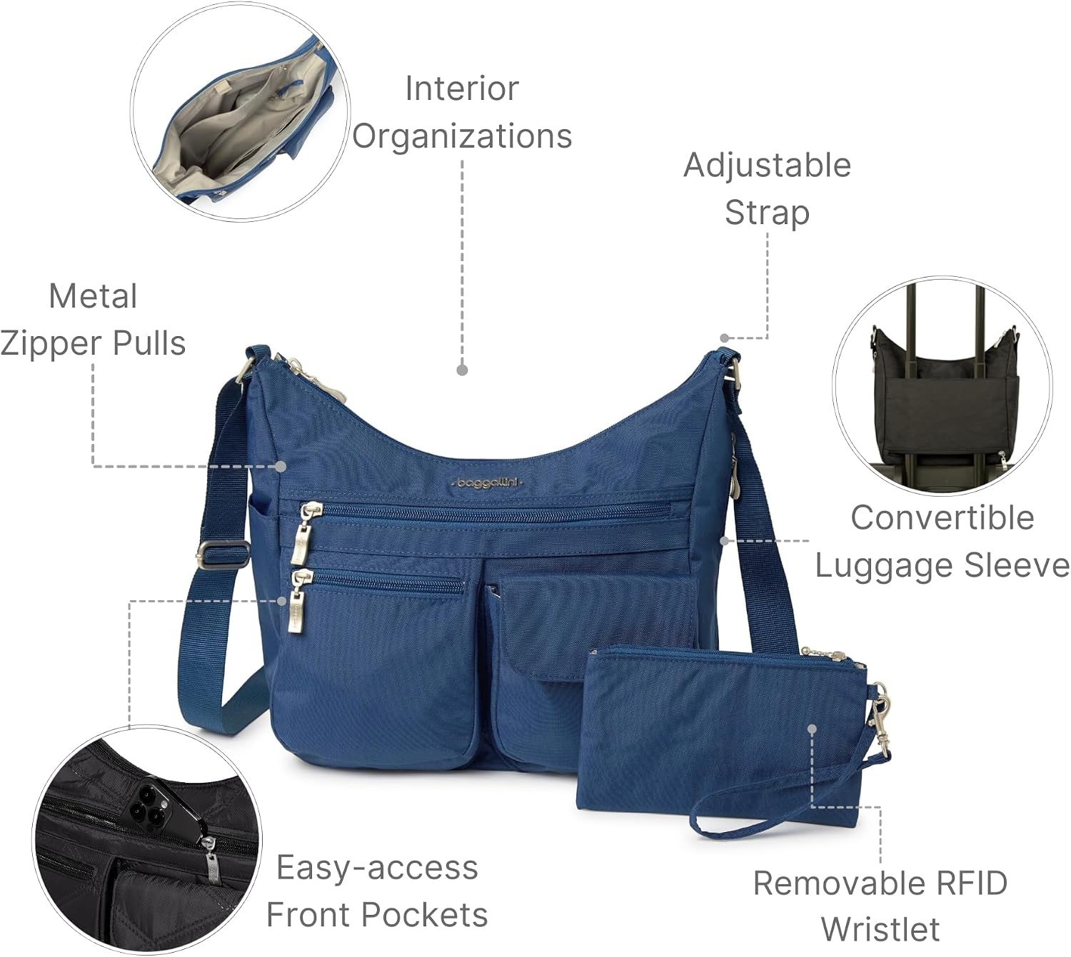 Baggallini womens Everywhere Bagg Crossbody Women 11x9 Lightweight Nylon Hobo Water-resistant Travel Bag W/Rfid