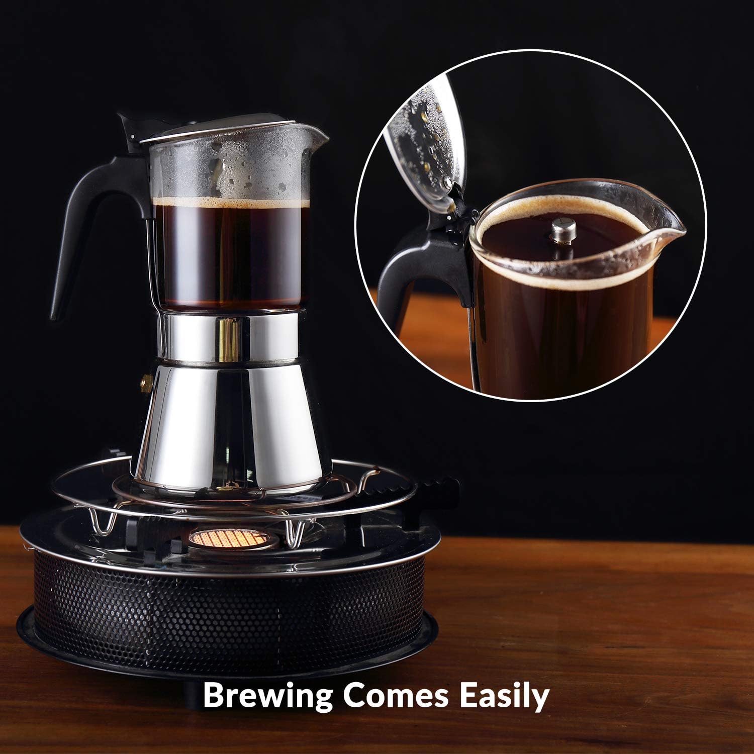 Geesta Premium Crystal Glass-Top Stovetop Espresso Moka Pot - 4/6/ 9 Cups - Stainless Steel Coffee Maker- 160ml/5.6oz/4 cup (espresso cup=40ml)