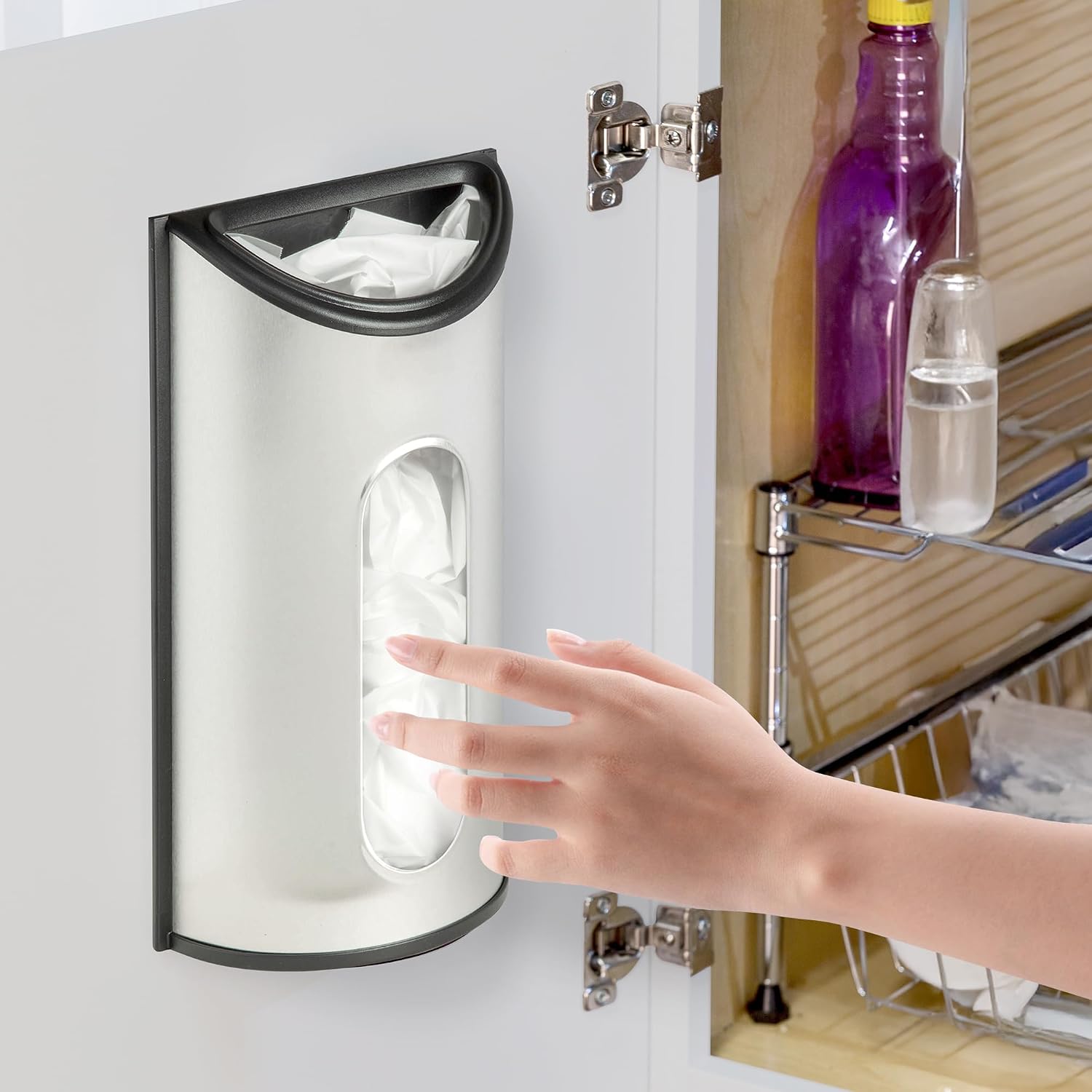 Honey-Can-Do Stainless Steel Plastic Bag Saver & Trash Bag Dispenser, Wall-Mounted Plastic Bag Organizer for Kitchen, Pantry, Garage