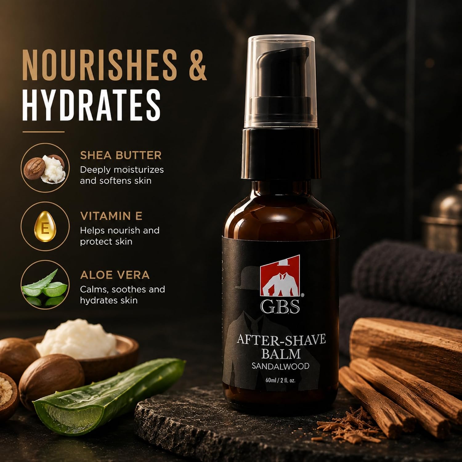 G.B.S Men’s Aftershave Balm - Premium Sandalwood Scent - Soothes Razor Burn & Moisturizes Sensitive Skin - Fast-Absorbing Formula - 5 Fl Oz