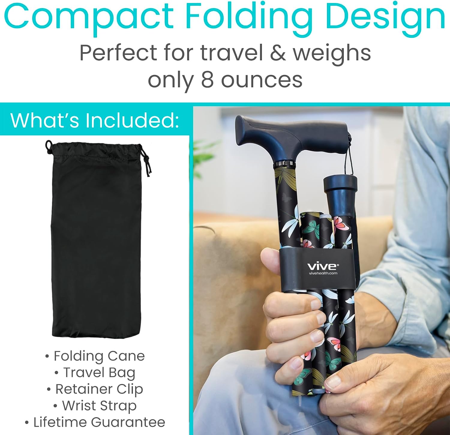Vive Folding Cane - Foldable Walking Cane for Men, Women - Fold-up, Collapsible, Lightweight, Adjustable, Portable Hand Walking Stick - Balancing Mobility Aid - Sleek, Comfortable | Lightweight, Adjustable, Portable Hand Stick Balancing Mobility Aid Slee…