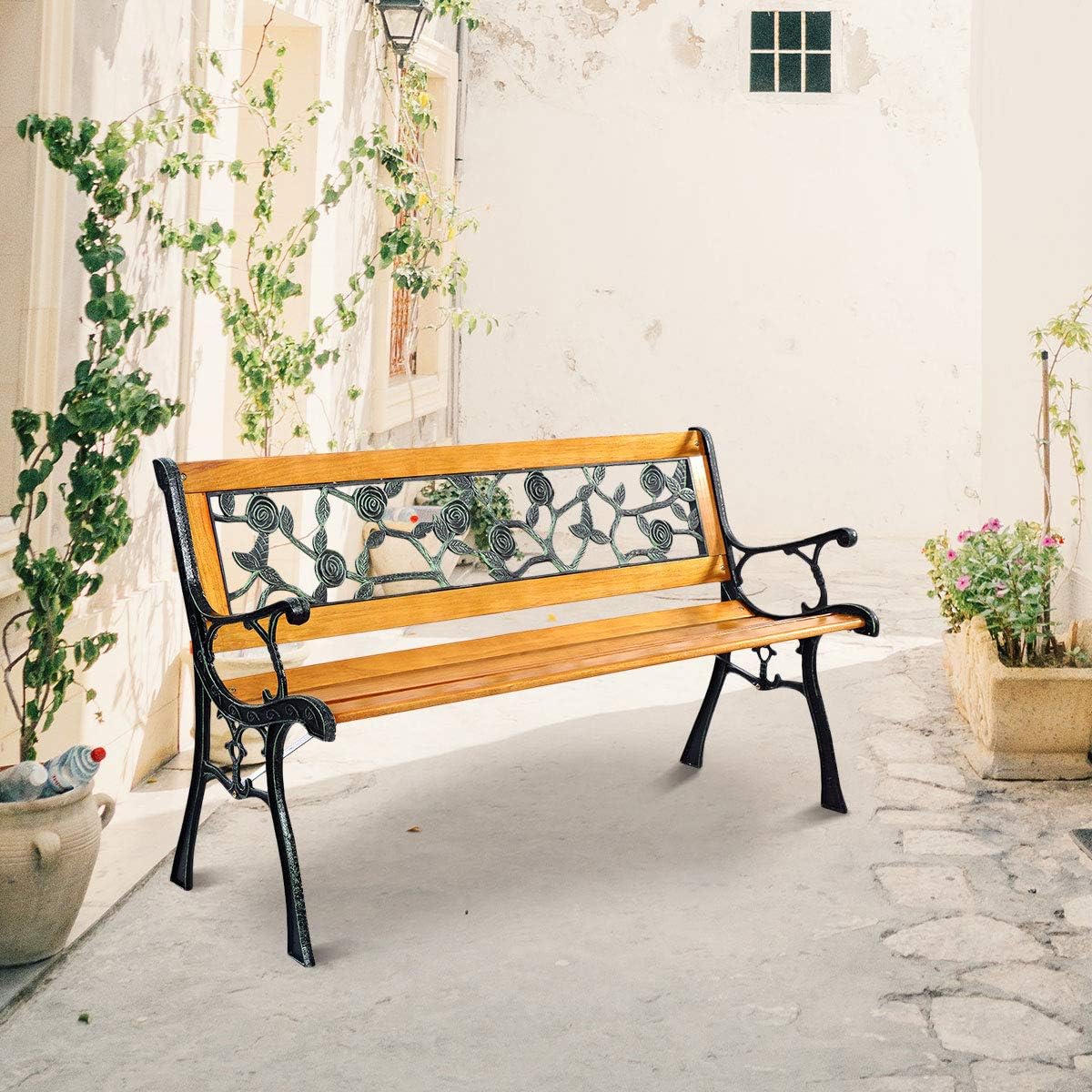 GIANTEX 50'' Patio Park Garden Bench, Outdoor Furniture Rose Cast Iron | Porch Loveseat for 2 Person with Hardwood Frame and Armrest