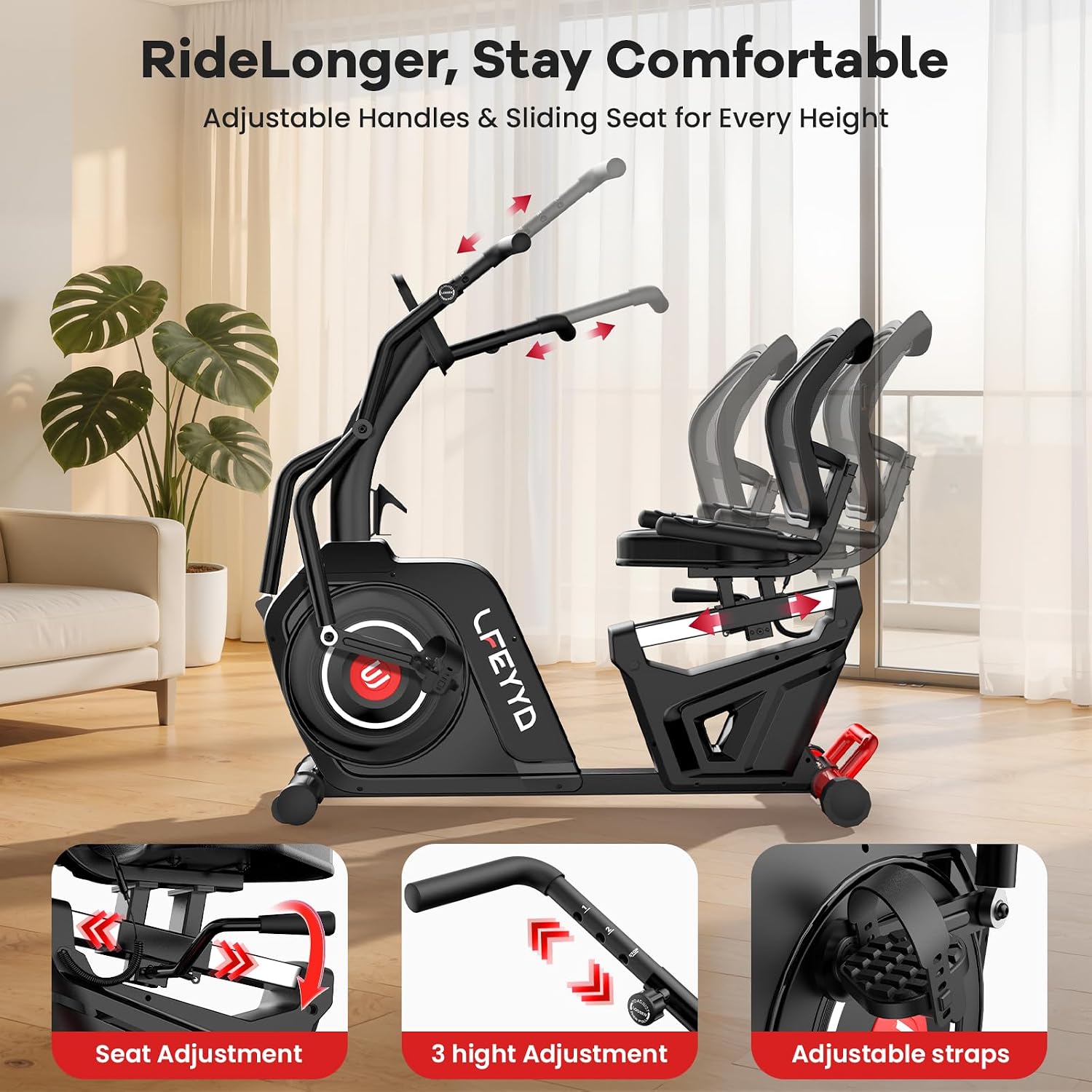 Recumbent Exercise Bike for Home, Stationary Bike with Arm Exerciser | 16-Level Magnetic Resistance, 450LBS Capacity, Bluetooth App, LCD Monitor