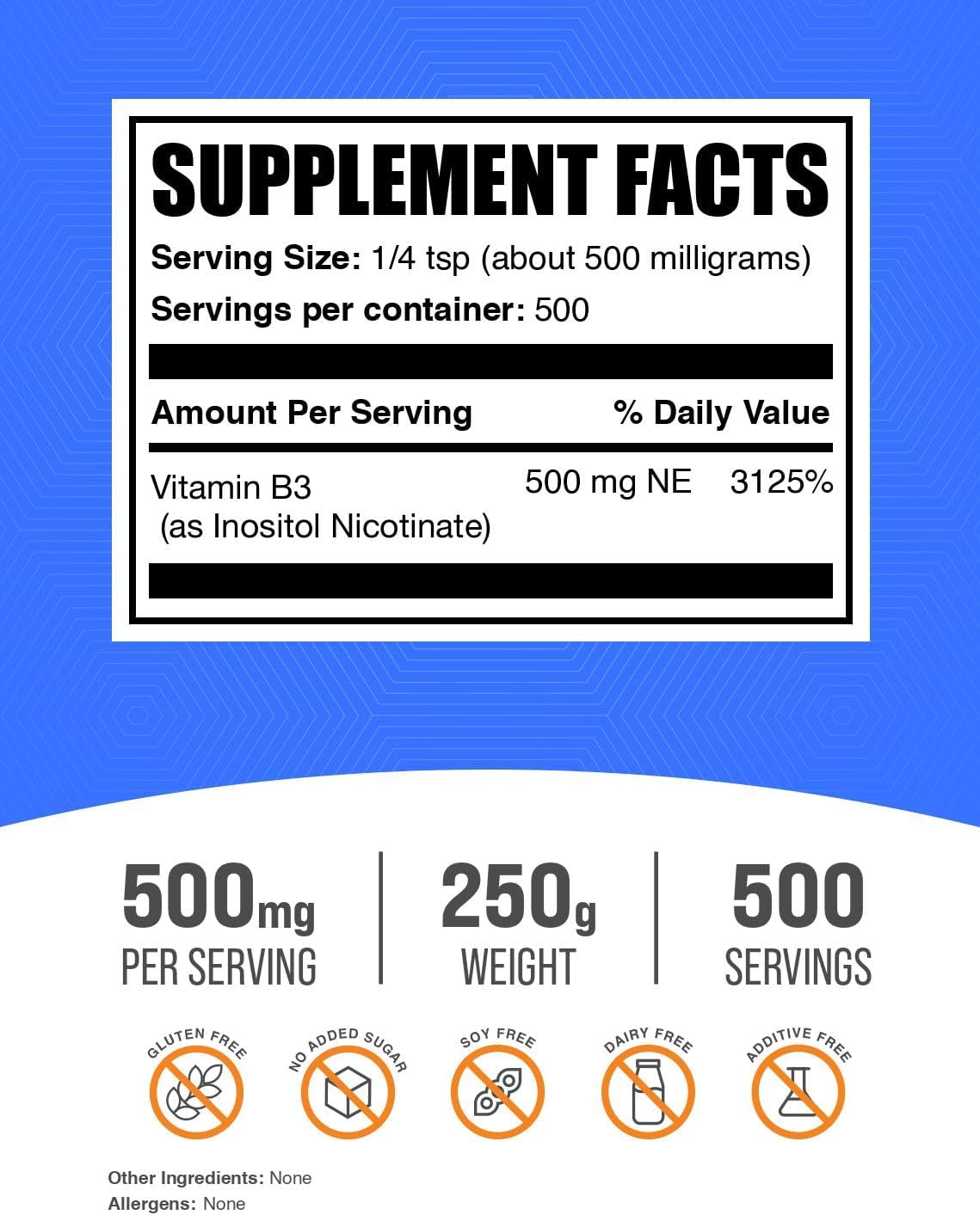 BulkSupplements.com Flush Free Niacin Powder - as Inositol Hexanicotinate, Vitamin B3 Supplement, Niacin 500mg Flush Free - Gluten Free, 500mg of per Serving, 250g (8.8 oz) (Pack of 1)
