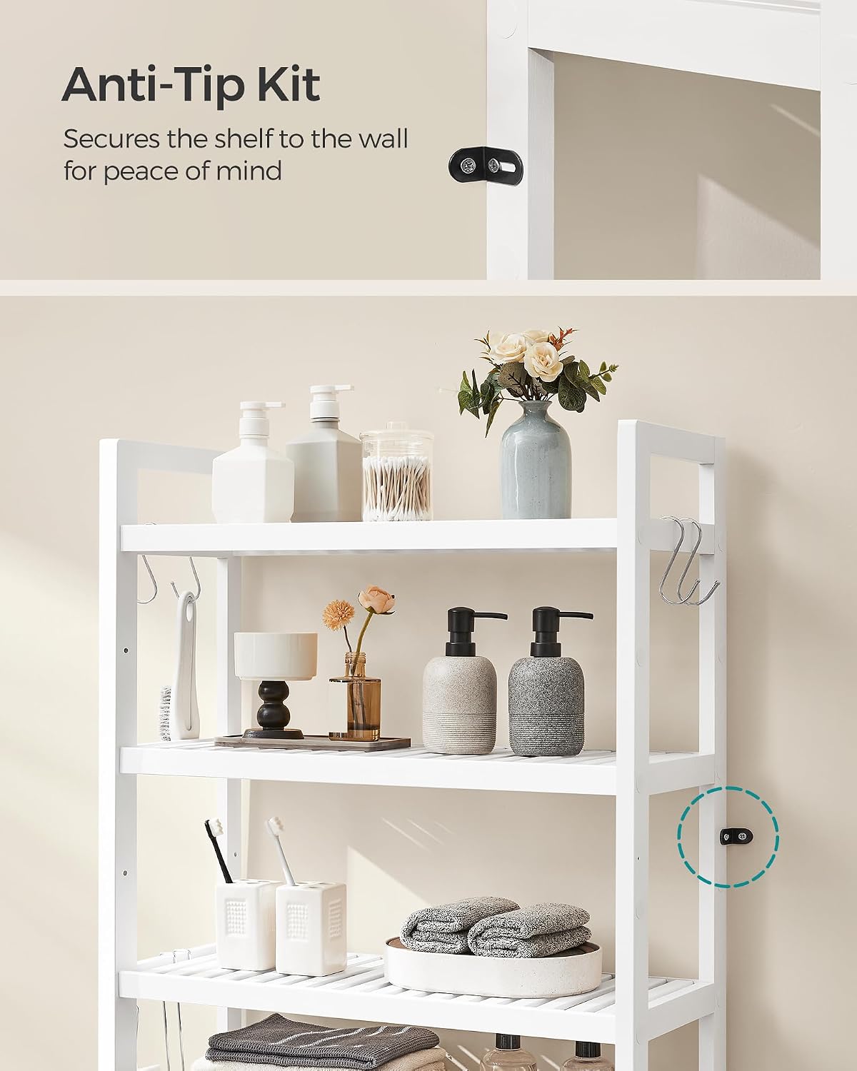 SONGMICS Over The Toilet Storage, 3-Tier Over Toilet Bathroom Organizer with Adjustable Shelf, 10.2 x 24.8 x 66.9 Inches, Space-Saving, Cloud White UBTS01WT