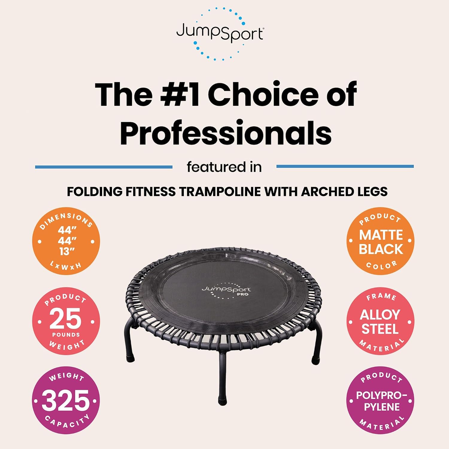 JumpSport 550 Workout Rebounder for Adults, 44" | PRO CE | Mini Exercise Fitness Trampoline Jumper with Cables | Black