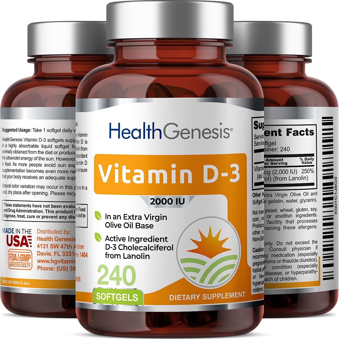 Vitamin D3 2000 IU – 240 Softgels in Extra Virgin Olive Oil – Non-GMO