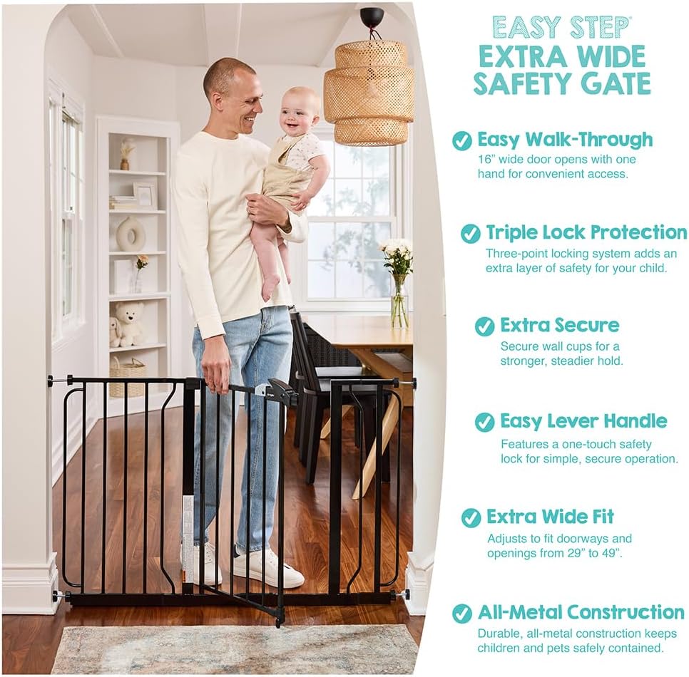 Regalo Safety 29"-49" Extra Wide Baby Gate, Bottom of Stairs & Doorways | Pressure Mounted with Door, For Babies, Toddlers & Pets, White, Tested & Trusted for 30 Years