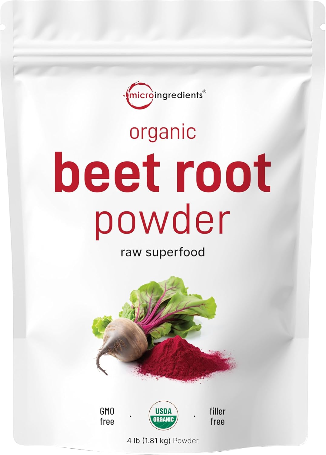 Micro Ingredients Organic Beet Root Powder, 4 Pounds | Nitric Oxide Supplement for Men & Women | Water Soluble, Highly Concentrated Raw Beet Supplement | Superfood Drink Mix | Non-GMO, Plant Based