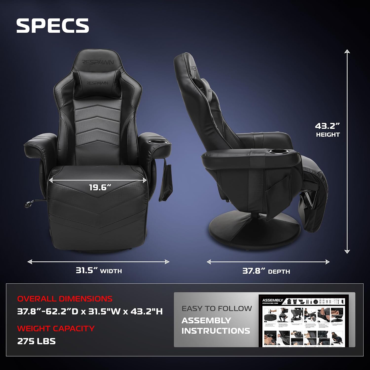 Respawn 900 Gaming Recliner Chair with Footrest, Cup Holder and Swivel