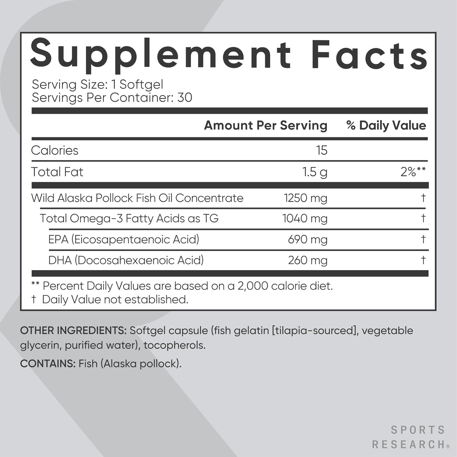 Sports Research® Omega-3 Fish Oil 1250mg from Wild Alaska Pollock,180 Count | Always Fresh Never Fishy | 690mg EPA 260mg DHA per Softgel · Heart & Brain Health* · MSC Certified Sustainable - 180 Servings