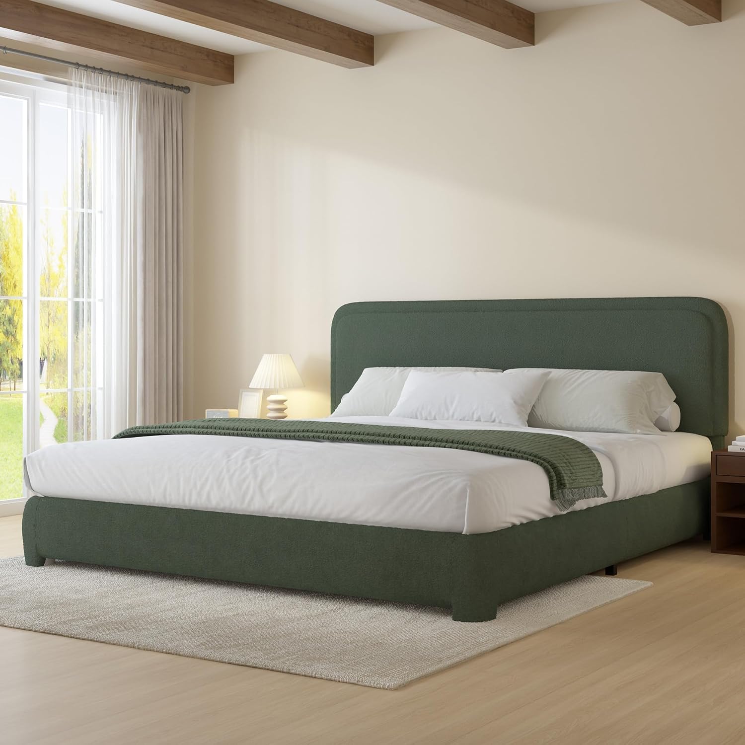 BarnFurin Full Bed Frame, Cloud Boucle Headboard, Rounded Corners, White | Soft boucle and rounded edges create a low-profile cloud look. Wooden slats support the mattress without a box spring