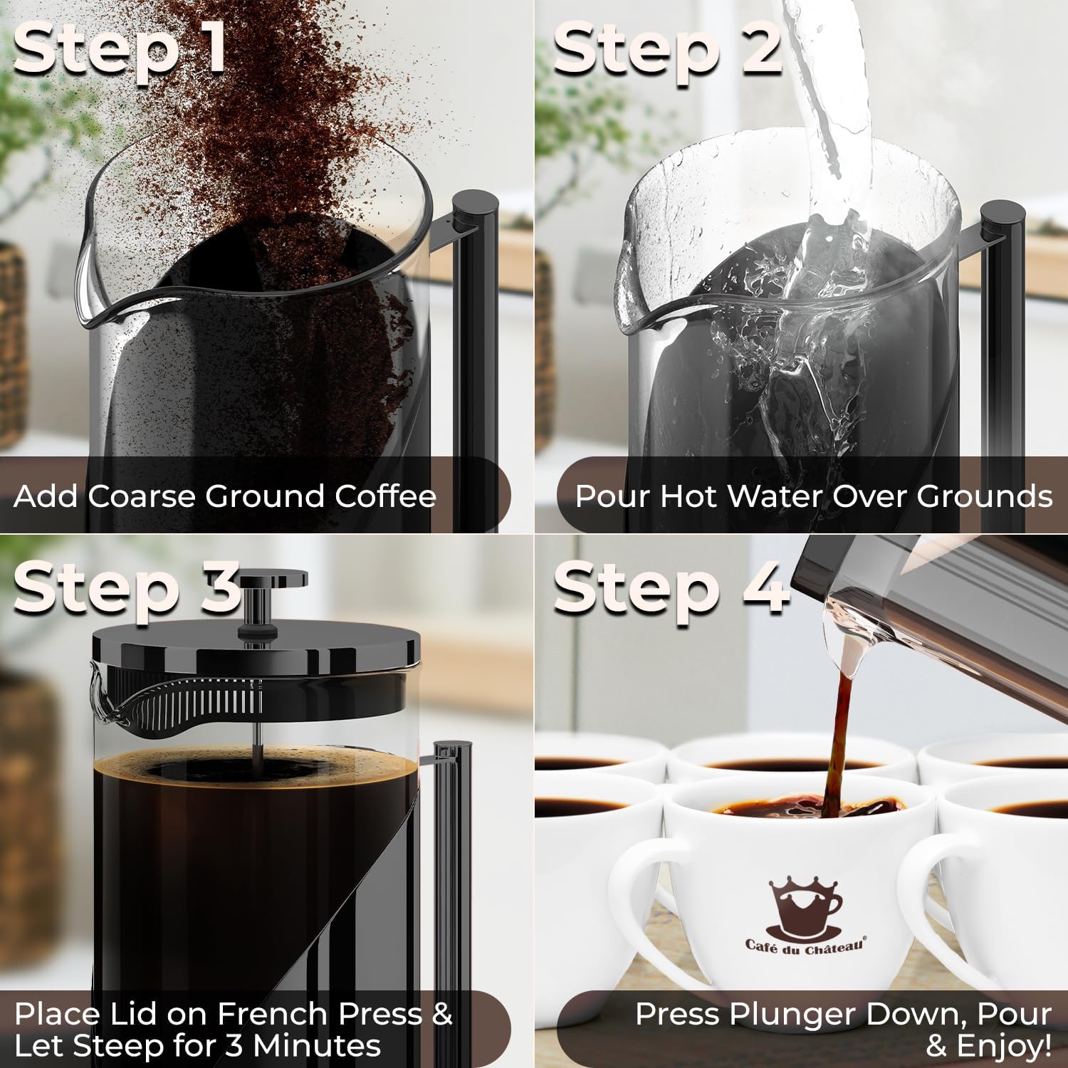 Cafe Du Chateau French Press Coffee Maker, 34 oz Glass, Stainless Steel | Easy Brew, Durable Clear Glass, 4-level Filtration, 34 oz Capacity, Coffee Press for Camping, Tea Brewer, BPA-Free Materials