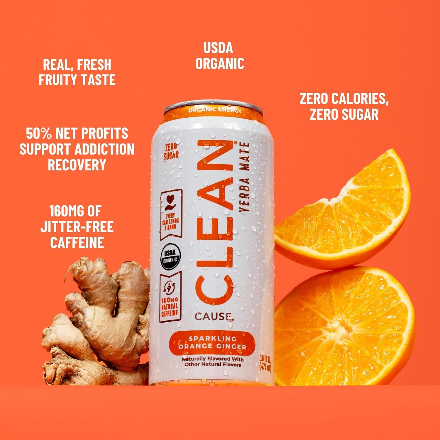 CLEAN Cause Zero Sugar Yerba Mate Organic Energy Orange Ginger, 12Pack 16oz