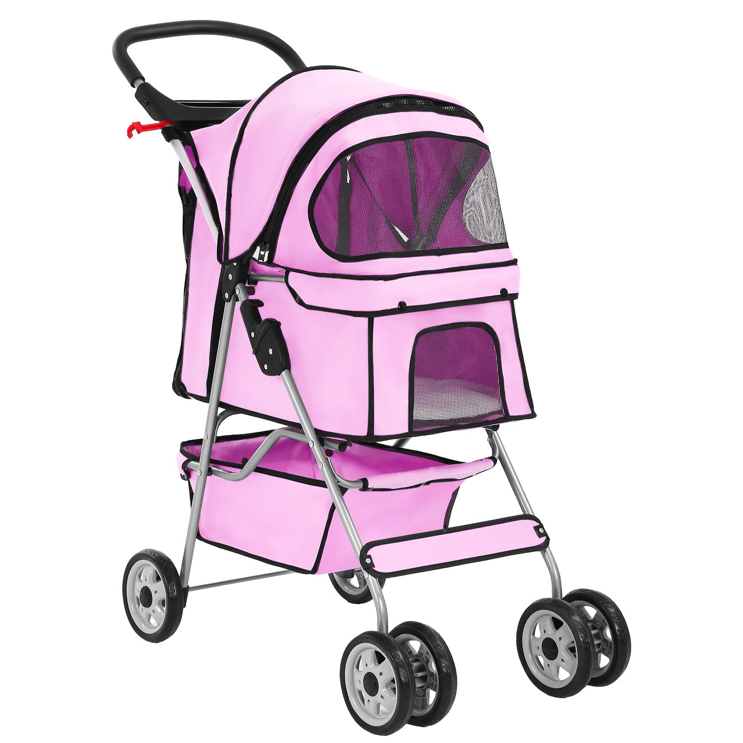 BestPet | 4-Wheel Foldable Pet Stroller | Black | Lightweight & Portable | Travel Carrier with Mesh Windows, Storage Basket, Cup Holder, Safety Brakes, and Waterproof Fabric | For Small Dogs and Cats
