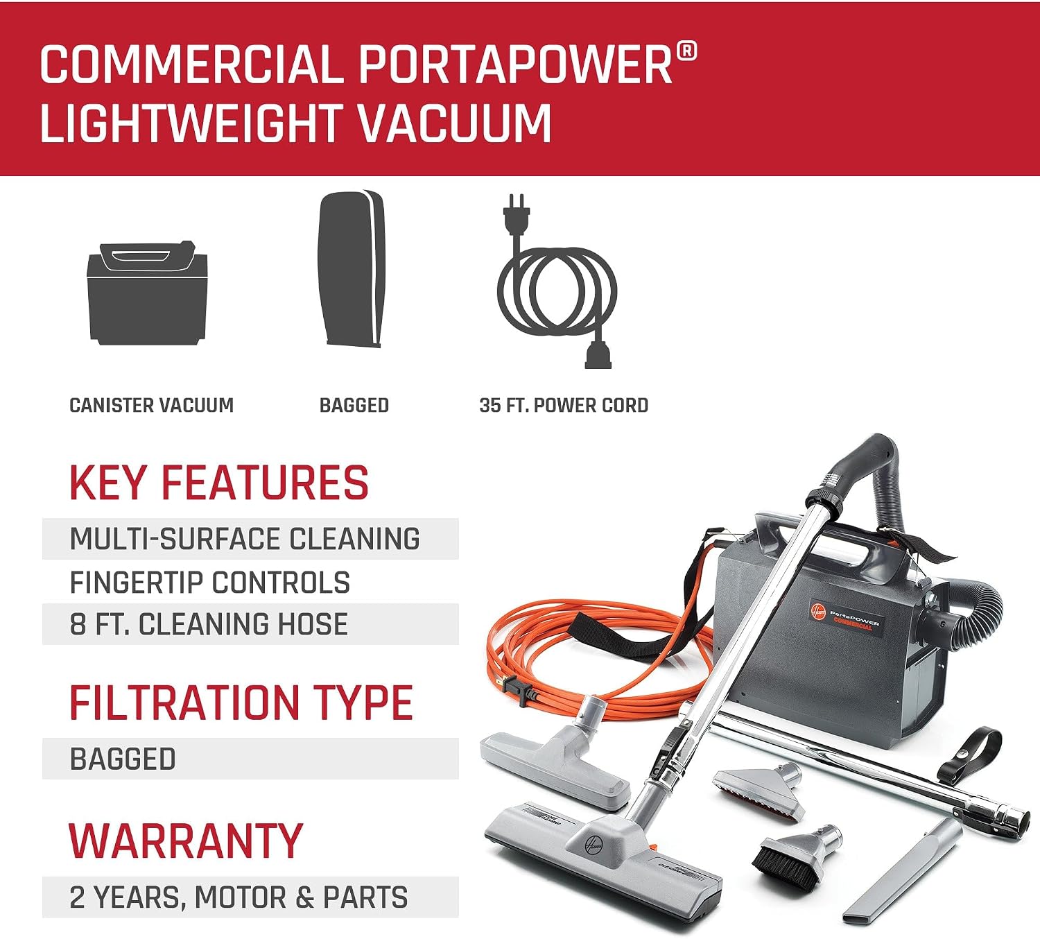 Hoover Commercial PortaPower Lightweight Canister Vacuum Cleaner | Bagged Canister Vac with Attachments, 2-in-1 Vac and Blower
