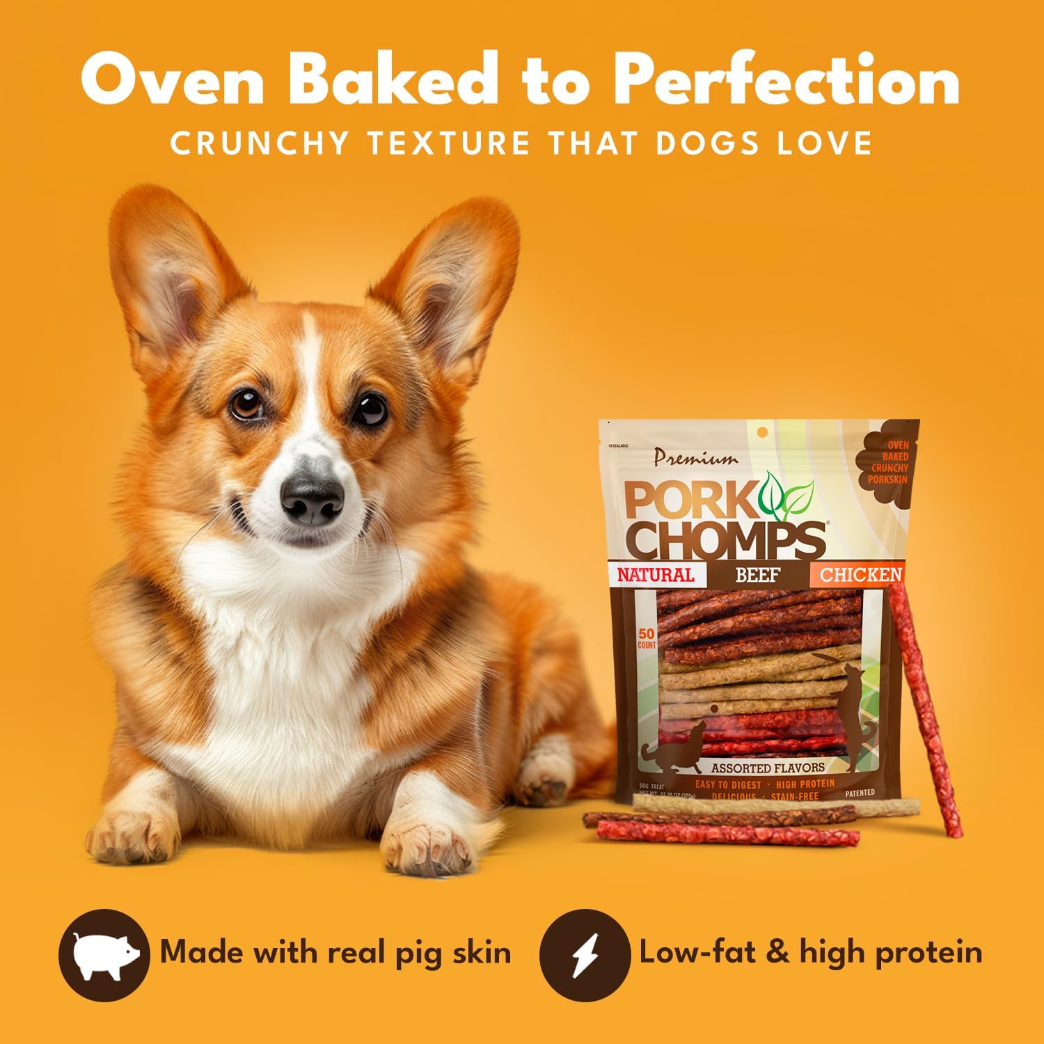 Pork Chomps Dog Chews, 5 in Munchy Sticks, Assorted Flavors, 50 Count | Oven-baked from real pork skin - a rawhide-free chew that's low in fat, high in protein, and easy to digest