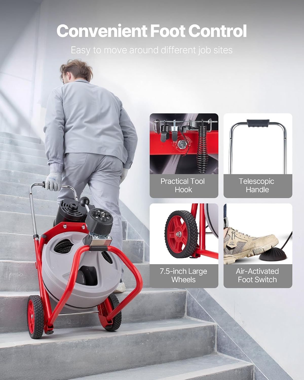 VEVOR Drain Cleaner Machine 100 FT x 1/2 Inch, Auto Feed Sewer Snake Drain Auger on Wheels, Portable Drain Cleaning Machine with 8 Cutters & Air-Activated Foot Switch for 2" to 6" Pipes