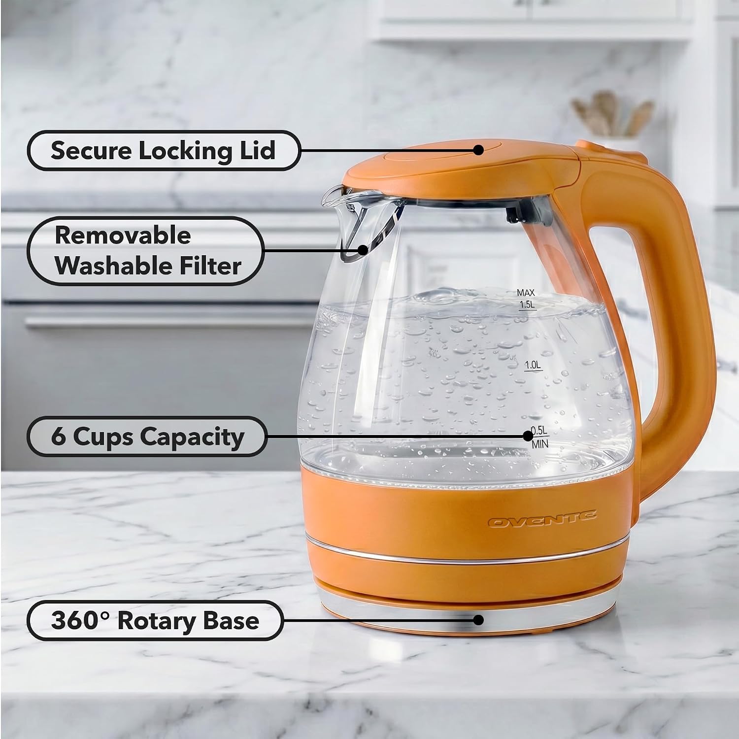 OVENTE 1.5L Glass Electric Kettle Water Boiler, Black KG83B | 1100W Fast Boiling, Borosilicate Glass, BPA-Free, Blue LED, Auto Shut-Off, Boil-Dry Protection, Removable Filter, 360° Base