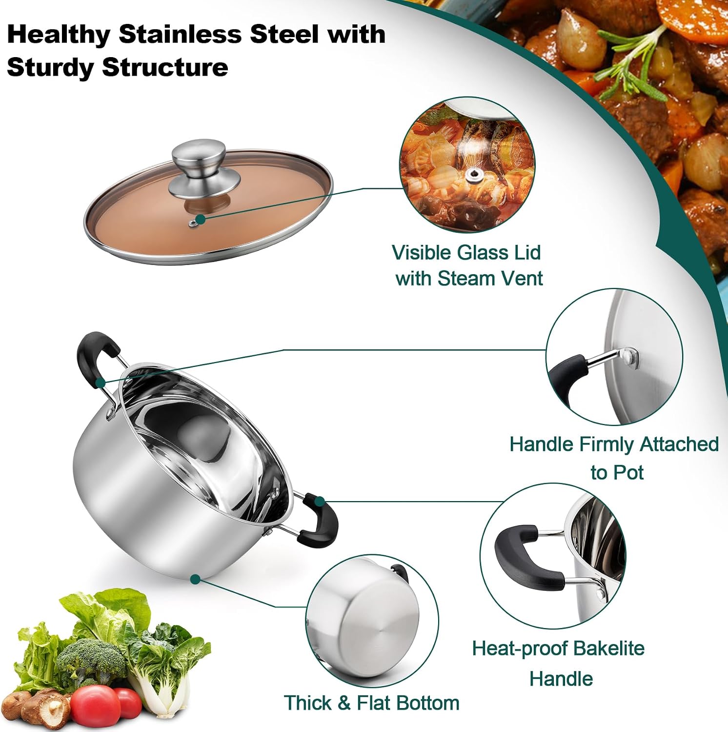 TeamFar 4 Quart Stock Pot, Stainless Steel Stock Pasta Soup Pot with Lid