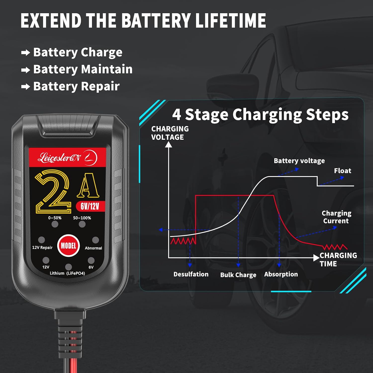 2A Battery Maintainer & Trickle Charger, 6V 12V Smart Float Charger with Pulse Repair Mode, 10FT Extra Long for Motorcycle, Automotive Car, Lawn Mower, Marine Boat, ATV, SLA, AGM, Gel, LiFePO4