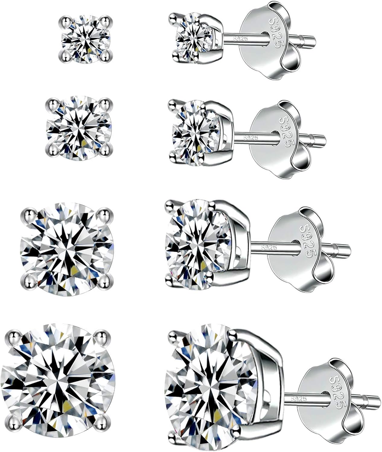 925 Sterling Silver Stud earrings Set | White Gold Plated Hypoallergenic Stud Earrings | Cubic Zirconia Stud Earrings for Women (2mm, 3mm, 4mm, 5mm