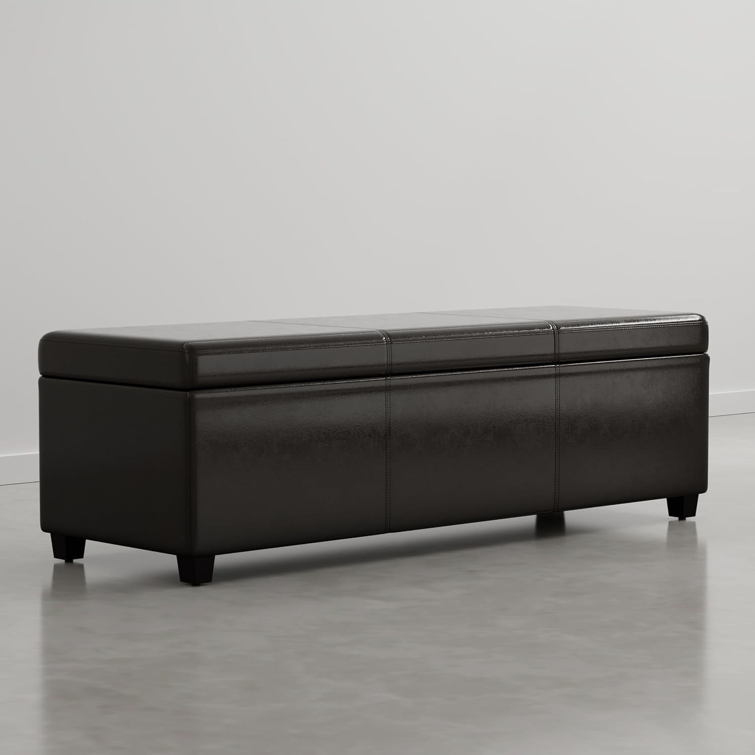 SIMPLIHOME Avalon 48" Wide Vegan Leather Storage Ottoman in Brown