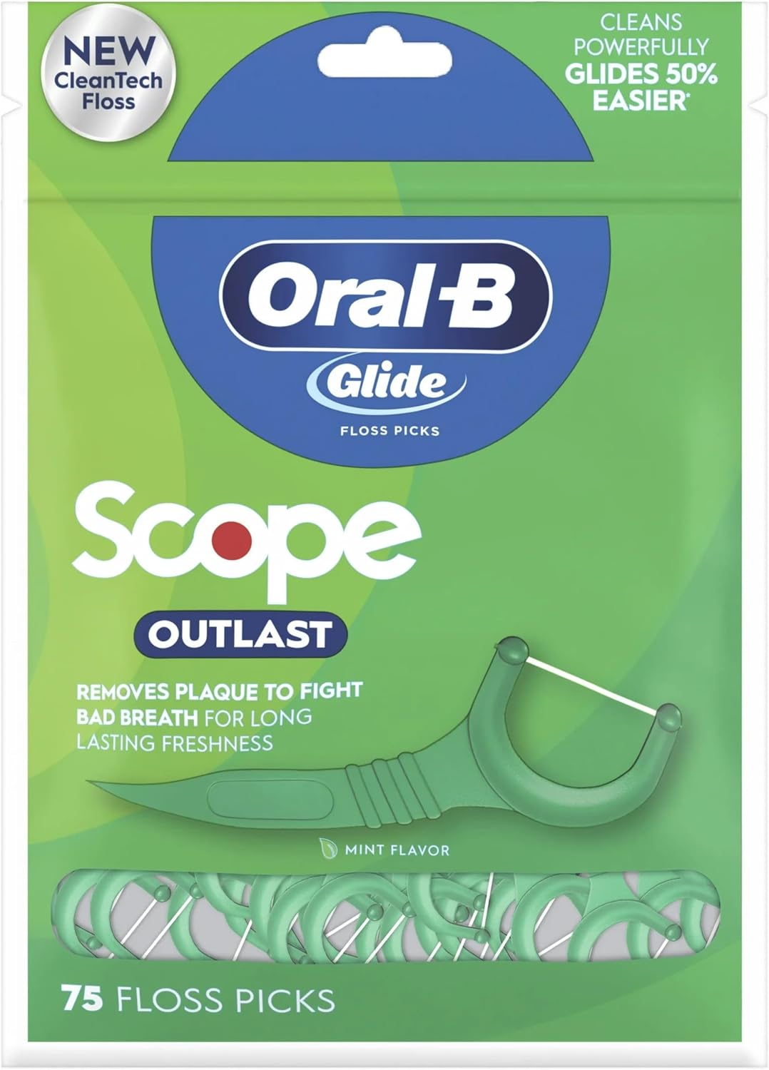 Oral-B Complete Glide Dental Floss Picks Plus Scope Outlast, Long Lasting Mint, 75 Dental Floss Picks, (12-Pack)