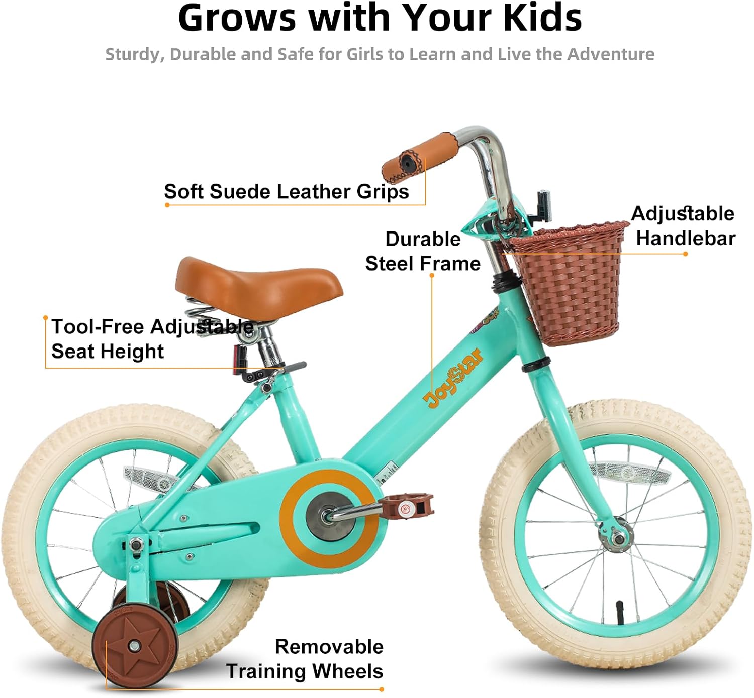 JOYSTAR 12-16" Vintage Kids Bike Ages 2-7Y, Training Wheels/Basket
