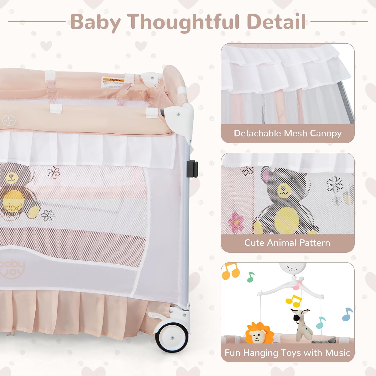 HONEY JOY 4-in-1 Pack and Play with Canopy, Portable Baby Playard w/Changing Table and Infant Bassinet Cute Toys & Music