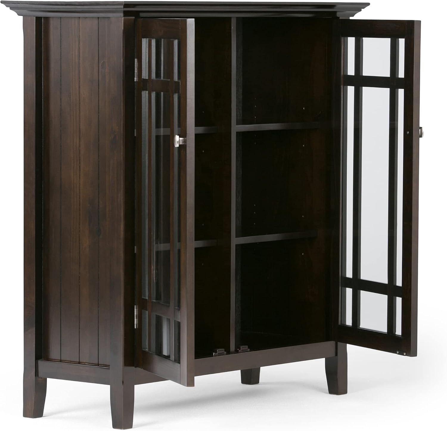 SIMPLIHOME Bedford 62" Wide Solid Wood Sideboard in Brunette Brown | Transitional low media console with glass doors and storage shelves for the living room, entryway or dining room.