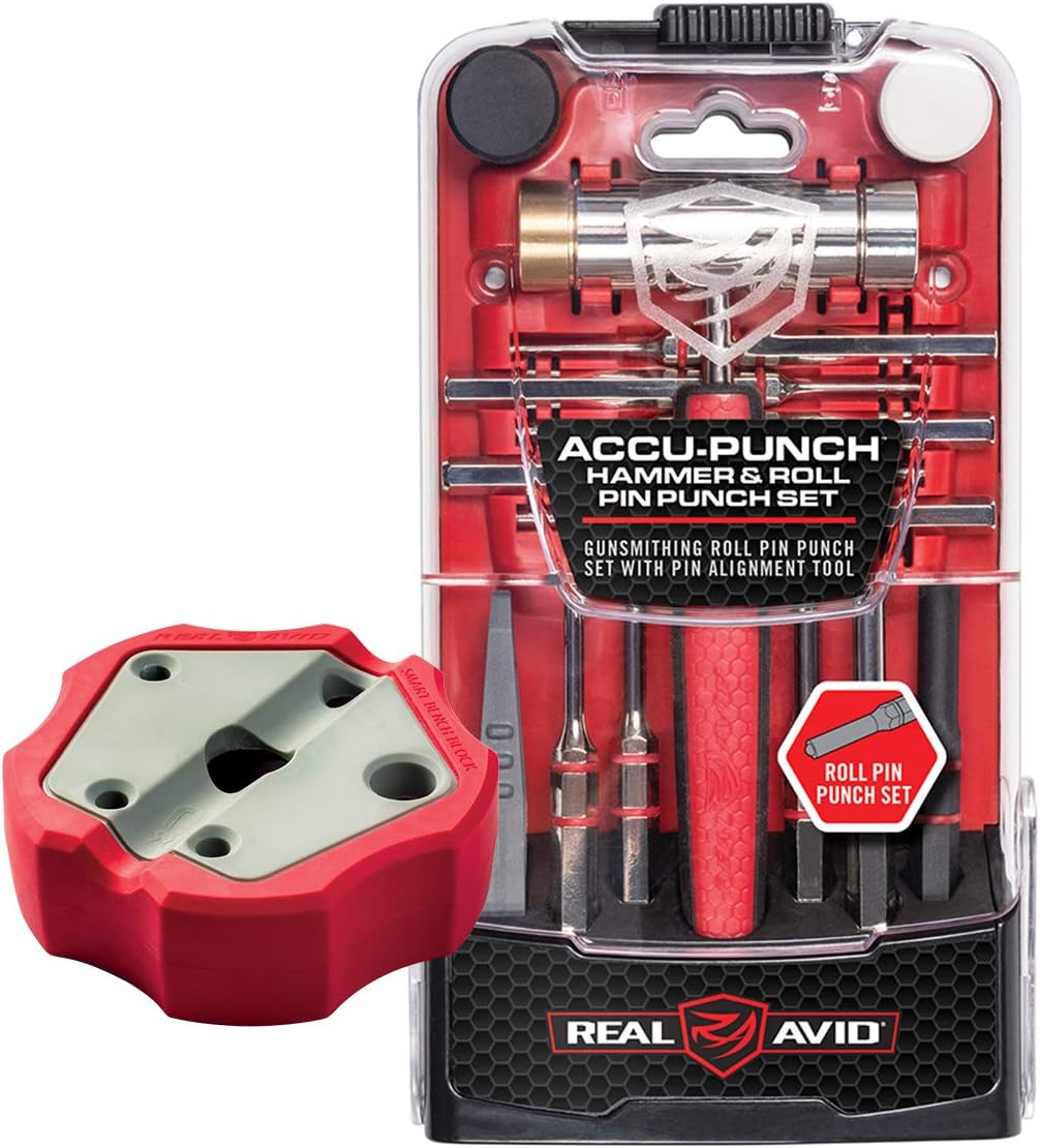 Real Avid Roll Pin Punch Set & Hammer + Non-Slip Magnetic Bench Block | 10 Nickel-Plated Steel Roll Pin Punches