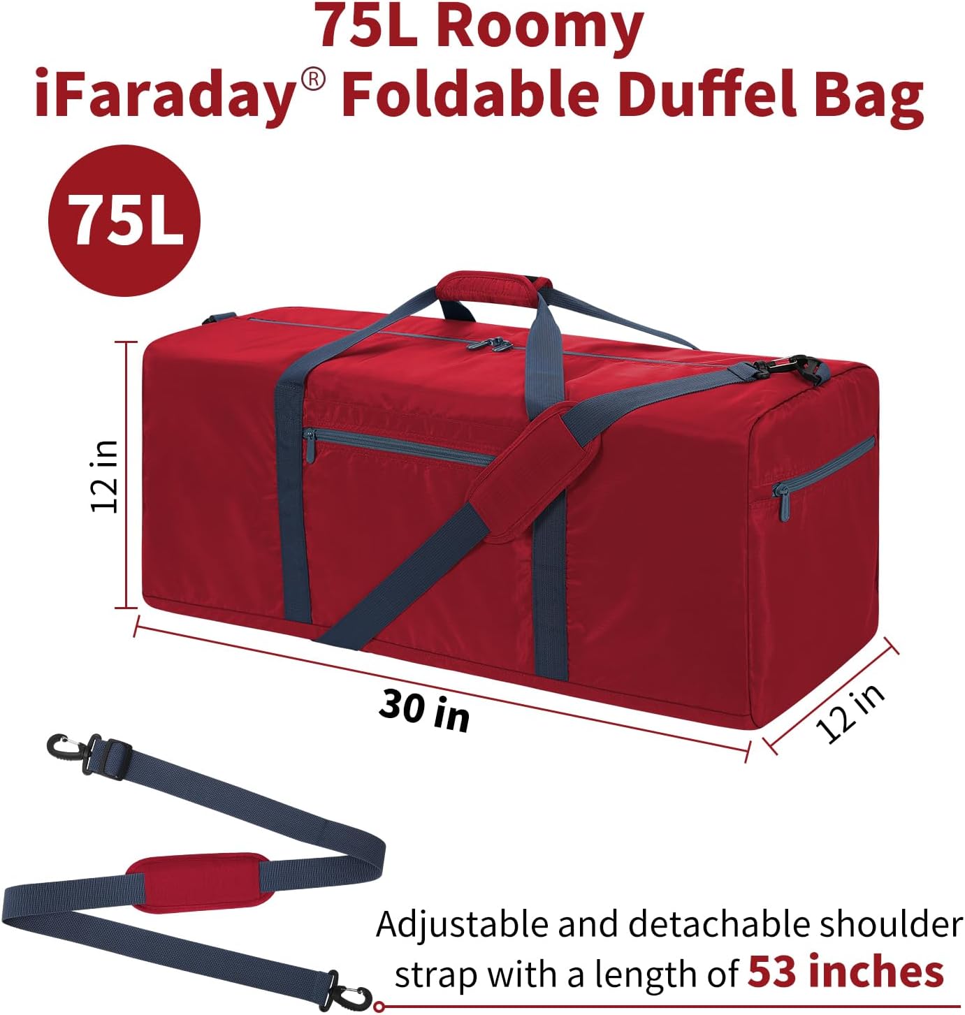 iFARADAY Foldable Duffel Bag Lightweight, 30 inch / 75L, Royal Blue