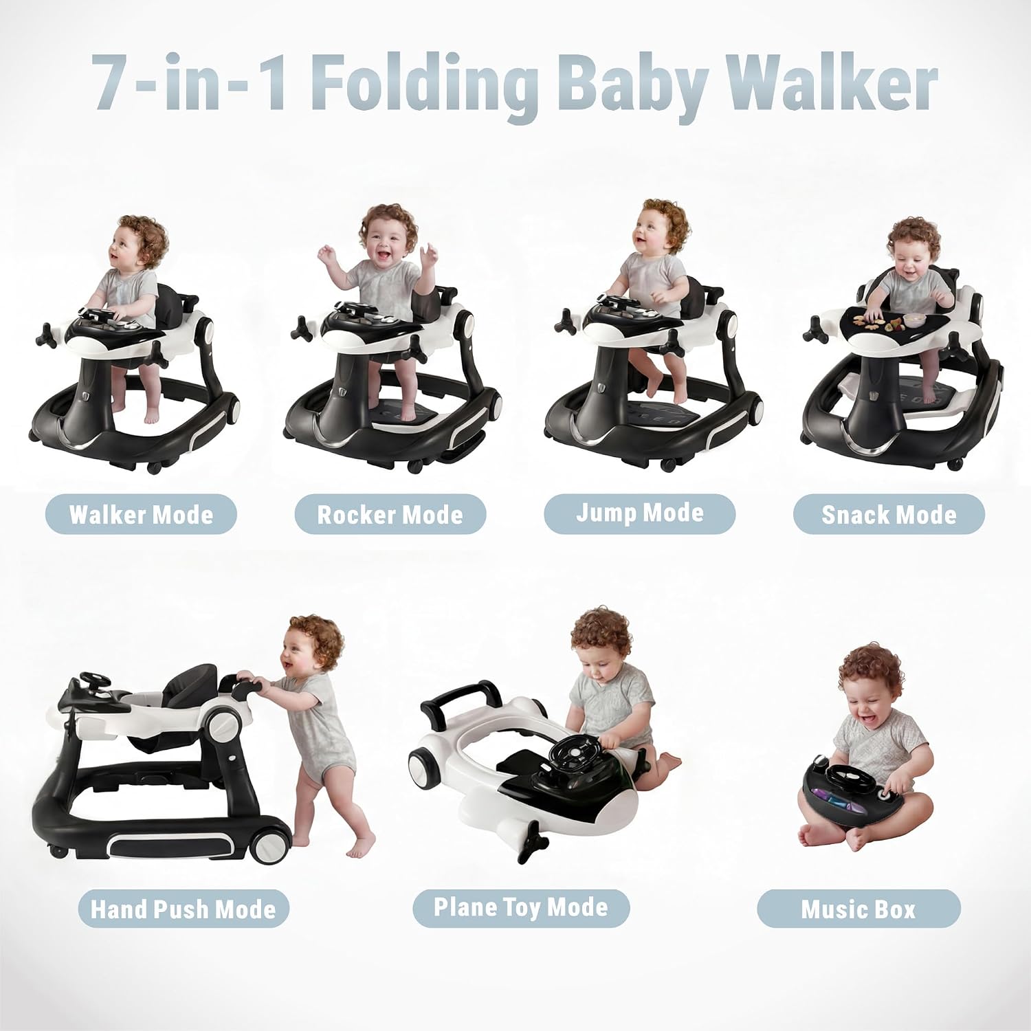 7 in 1 Foldable Baby Walker, Rock/Push Mode/Activity Center, Green | Adjustable Height & Speed, Music, Lights, Footrest, Detachable Play Toy Panel, Walker with Wheels for Infants 7-18 Months