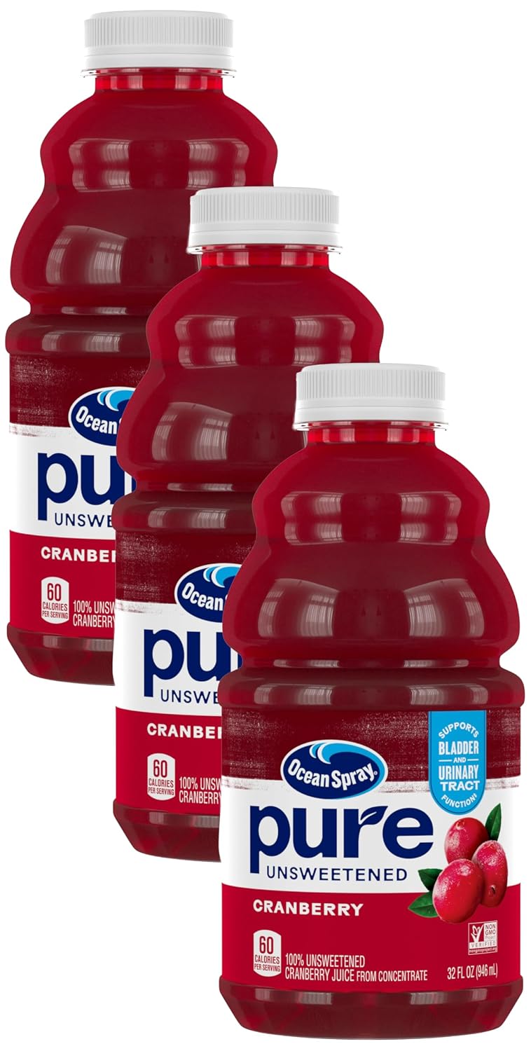 Ocean Spray® Pure Unsweetened Cranberry, 100% Cranberry Juice From Concentrate, 32 Fl Oz Bottle (Pack of 8)