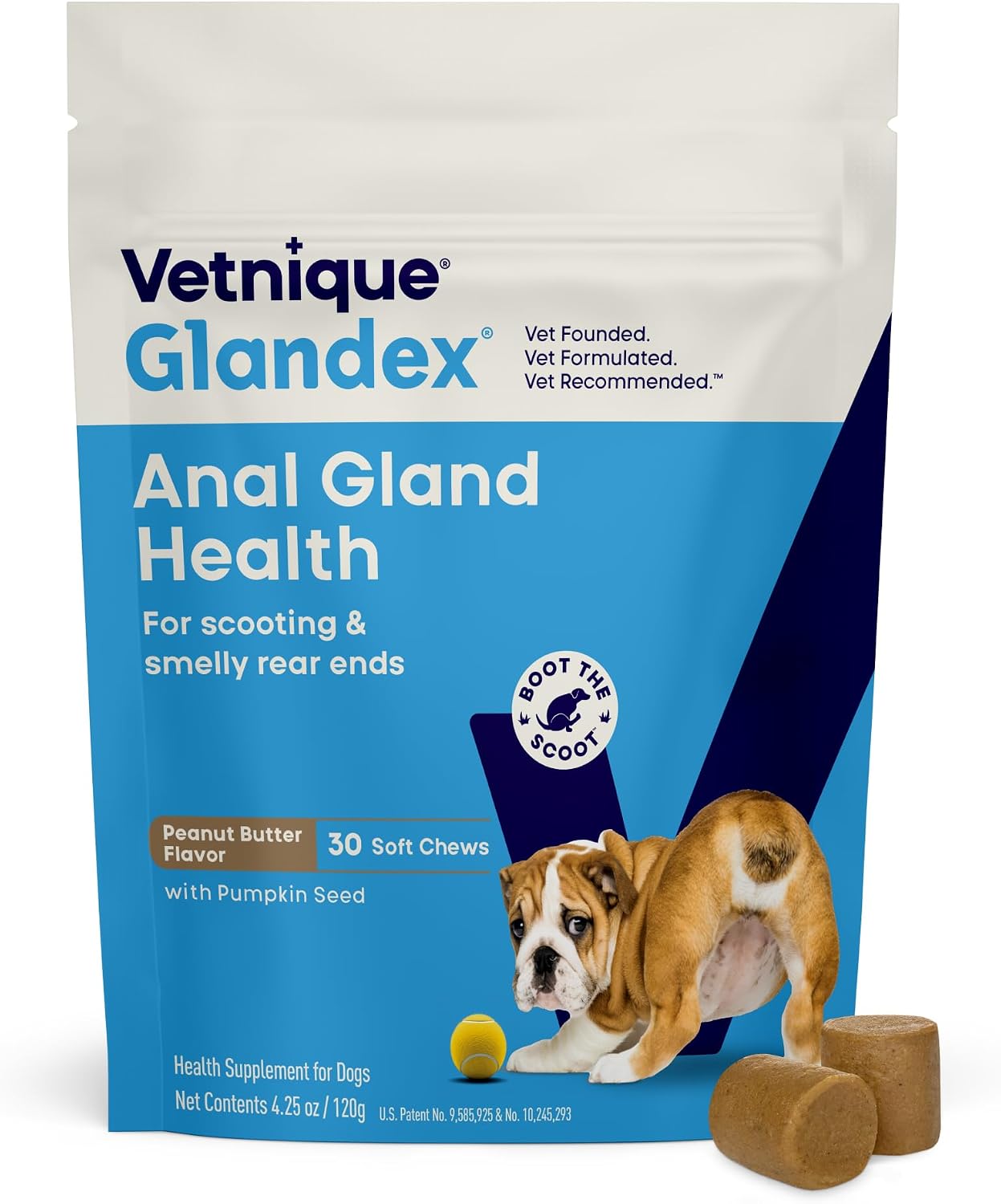Vetnique Glandex for Dogs Anal Gland Chews 30ct, Pumpkin, Digestive Enzymes | Anal Gland Dog Treats, Boot the Scoot + Fishy Odor Support, Fiber, Probiotics, Quercetin + Apple Pectin, Peanut Butter