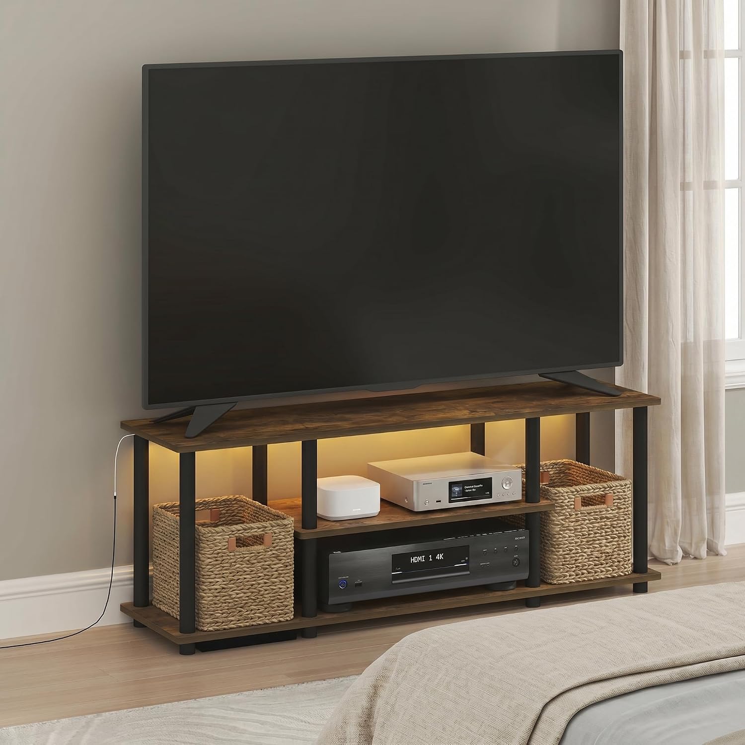 Furinno Turn-N-Tube No Tools 3D 3-Tier Entertainment TV Stand up to 50 inch TV, Round Tubes, French Oak Grey/Black | for TV up to 50 Inch, Open Frame Rectangular Entertainment Center with Storage Shelf, TV Console, for Living Room, Bedroom
