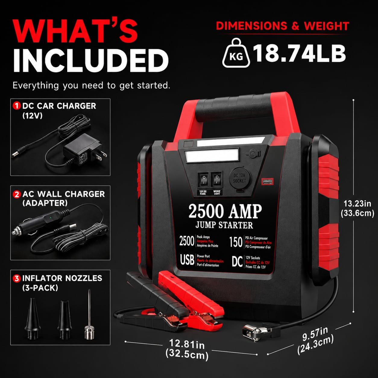 2500A Peak Car Jump Starter with 150PSI Air Compressor, 12V Battery Jump Box for Car, Truck, SUV (Up to 8.0L Gas/Diesel Engines)