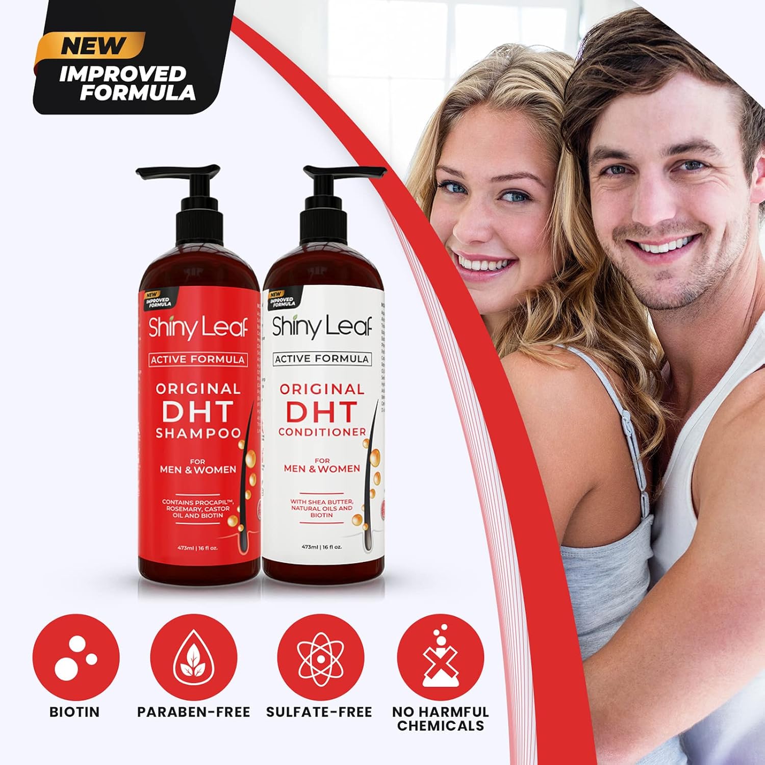 Shiny Leaf DHT Blocker Shampoo and Conditioner Set with Biotin, 2 x 16 oz | DHT blocker shampoo and conditioner with biotin, rosemary oil and asparagus extract for thinning hair. For men and women