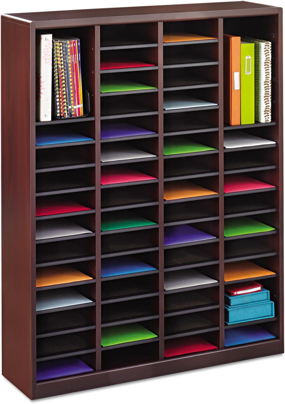 Safco Products E-Z Stor Wood Literature Organizer, 60 Compartment, 9331MH, Mahogany, Durable Construction, Removable Shelves, Plastic Label Holders
