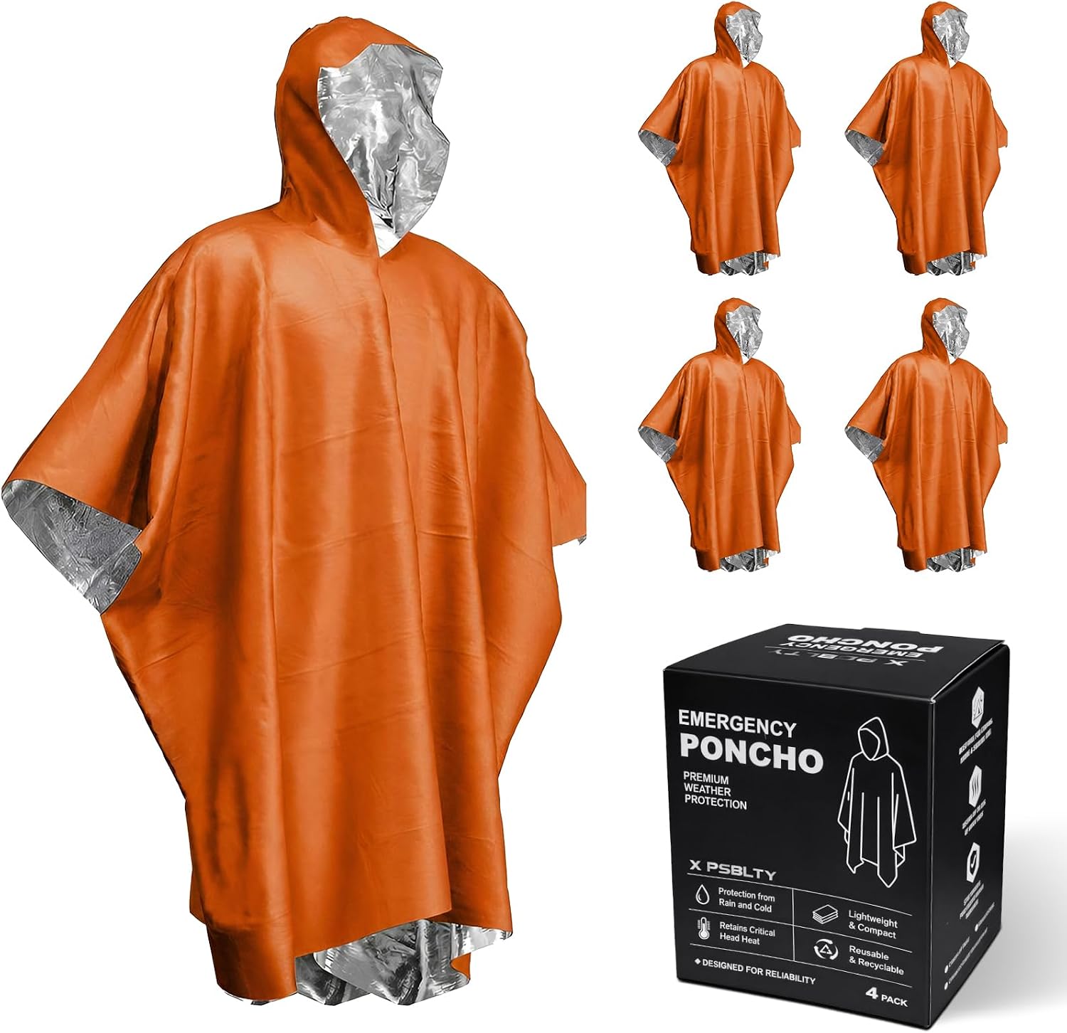 4 Pack Emergency Survival Mylar Poncho | 90% Heat Retention, Waterproof, Windproof, Tear-Resistant, Individually Packed for Hiking, Camping, Car Emergency Kit