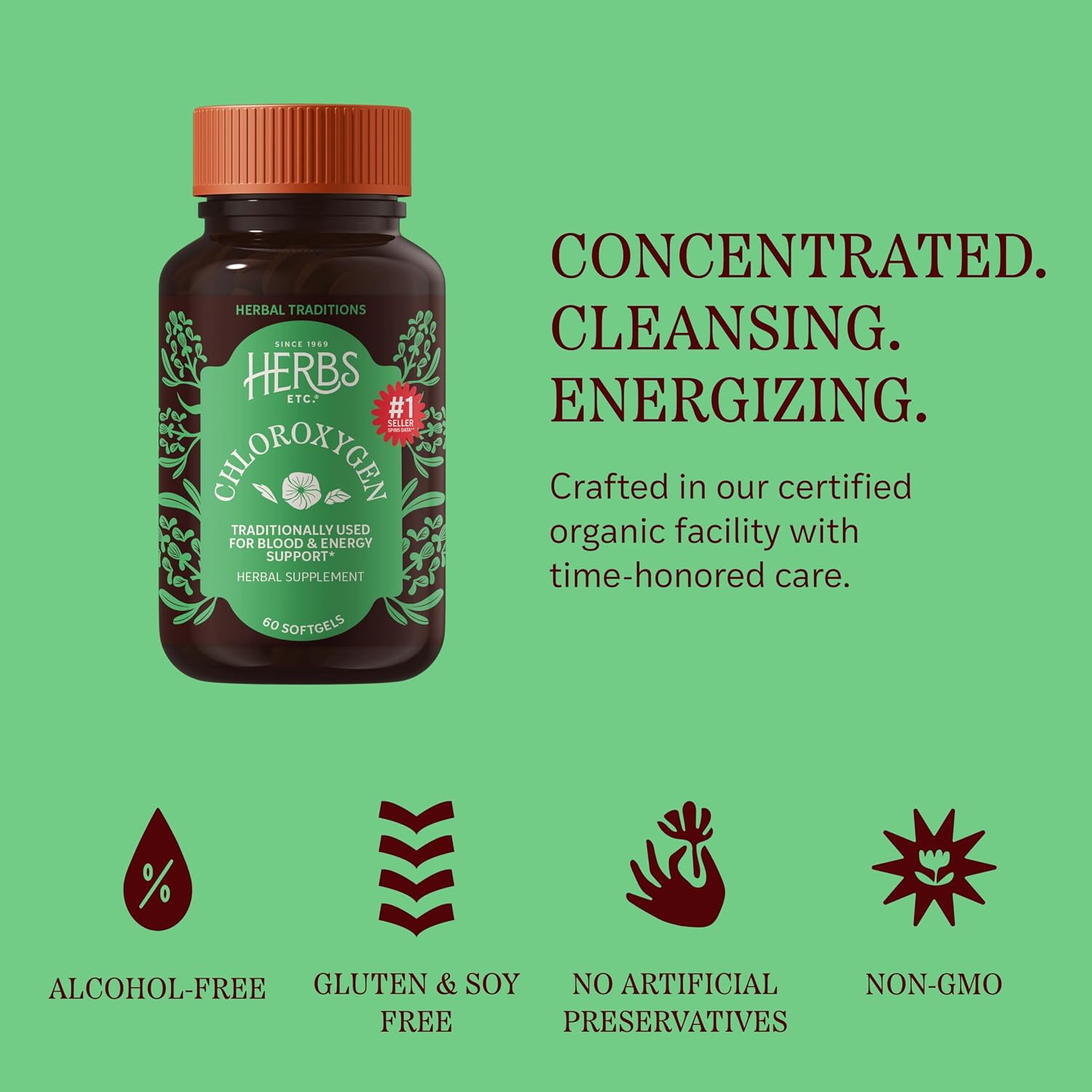 Herbs Etc. ChlorOxygen Chlorophyll Concentrate Softgels - High-Potency Chlorophyll for Detoxification Support - Deodorizing - Skin, Gut & Energy Support - 60 Count (60 Servings)