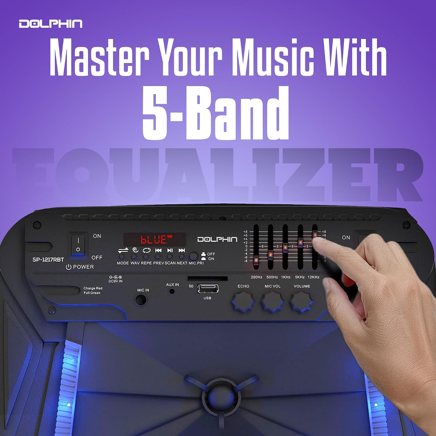 Dolphin Large Bluetooth Party Speaker with Trolley & Wheels, 12" Woofer | WaveSync Pairing, 5-Band EQ, Piezo Tweeter, USB, SD, FM & AUX Inputs