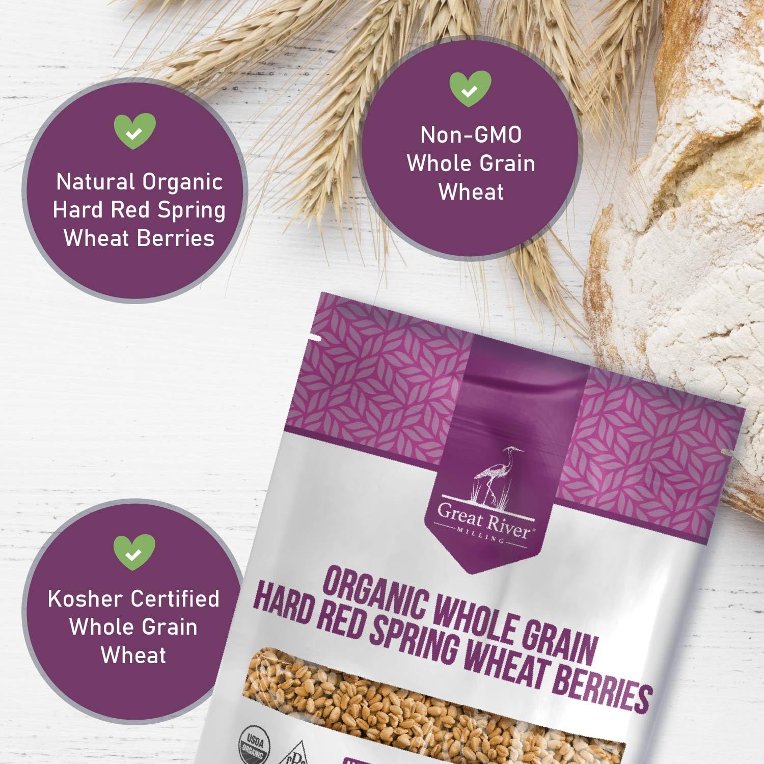 Great River Milling Organic Hard Red Spring Wheat Berries, Non-GMO, 25 lb | Organic Hard Red Spring Wheat Berries for home-milled bread flour, sourdough, sprouting, salads, pilaf and grain bowls